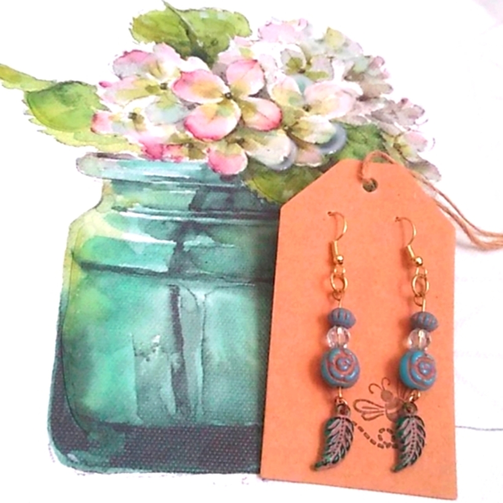 Handmade rose leaf charm earrings